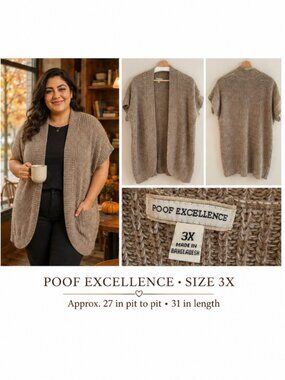 Poof Excellence Beige Short Sleeve Open Front Chunky Knit Cardigan - 3X